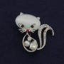 Brooch Kitty Cat's Eye, white color, with white crystals, 44x39 mm, silver-toned metal