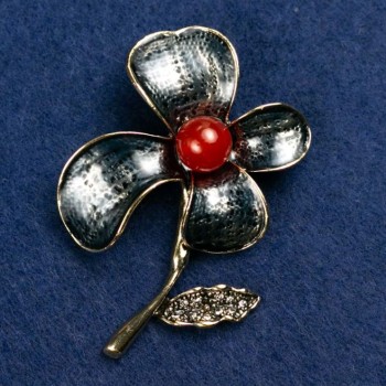 Brooch Flower with Carnelian Inlay and Enamel, 47x60mm, Gold-Toned Metal
