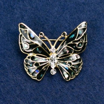 Brooch 'Butterfly' with White Crystals, Dark Gray Enamel with Halite, Gold-Tone Metal 37x32mm