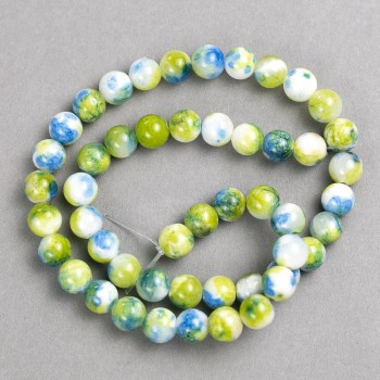 Beads green-blue-white 'Agate' (synthetic acrylic) on beading thread, smooth round beads, 8 mm diameter, 40 cm length