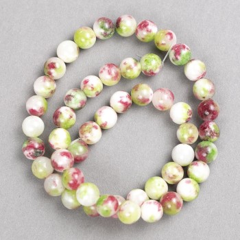 Beads green, dark pink and white "Tourmaline" (artificial acrylic) on thread, smooth round beads, 8 mm diameter ±, 40 cm length ±