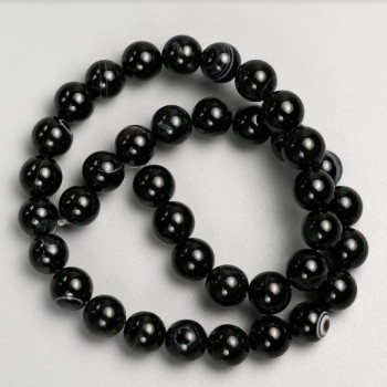 Beads on fishing line, natural stone: Black agate, smooth bead, diameter 10mm ±, length 37cm ±