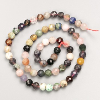 Assorted natural stone beads - faceted round on thread, diameter 6 mm (+/-), length 39 cm (+/-)