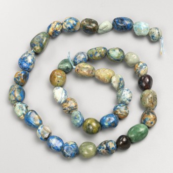 Beads of Chrysocolla and Sodalite natural stone, hammered texture on thread, diameter 8x10 mm, length 40 cm