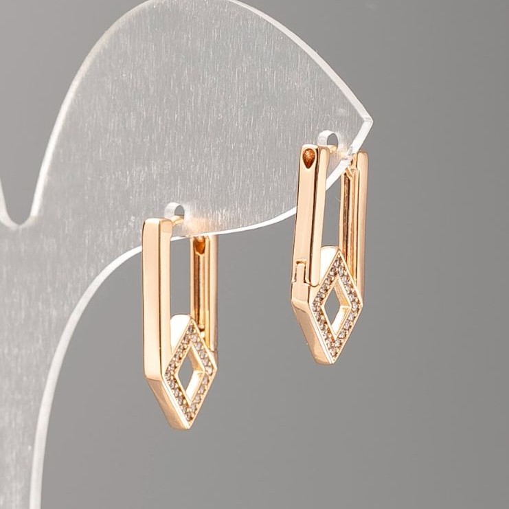 Xuping Earrings 18K Gold Plating with White Crystals, Diamond-shaped, diameter 20×2 mm+