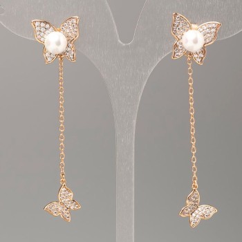 Xuping Earrings - Butterfly with Majorca Pearls and White Stones, 13x13 mm, Length 6 cm, 18K Gold Plating