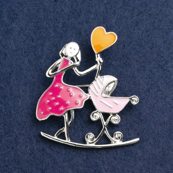 Brooch 'Mom with a Cradle', pink and raspberry enamel, silver metal 46×38 mm
