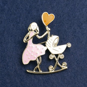 Brooch 'Mother with a Cradle', pink and white enamel, gold metal 46x38 mm