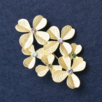 Brooch 'Leaves' with Yellow Enamel and Crystals in Gold-Toned Metal 57x40mm