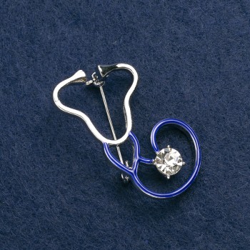 Brooch Stethoscope blue enamel, with white stone, silver metal 44x25 mm
