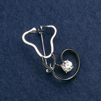 Stethoscope Brooch in Black Enamel with White Stone, Silver Metal 44x25 mm