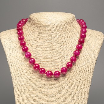Raspberry Tourmaline Necklace with Smooth Beads, 12mm Diameter, 50cm Length, Beads Made of White Nephrite (synthetically dyed)