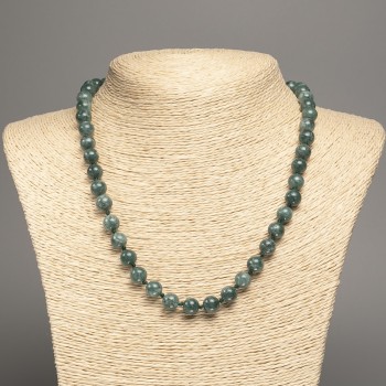 Necklace 'Seraphinite' in viridian denim shade, smooth 8 mm beads, 50 cm length, made of white nephrite (synthetic dyed)