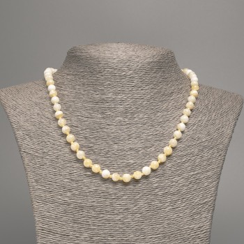 Necklace with smooth 6 mm beads, yellow and white 'Selenite', length about 50 cm ±, made of white nephrite (synthetically dyed)