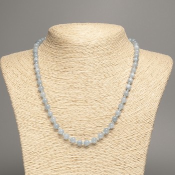 Gray-Blue Aquamarine Necklace with Smooth Beads, 6 mm Diameter, approx. 50 cm long, White Nephrite Base (synthetically dyed)