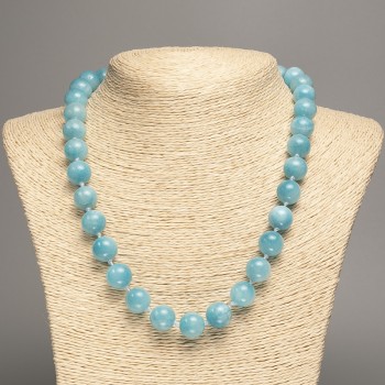 Blue Aquamarine Necklace with Smooth Beads, 12 mm Diameter, 50 cm Length, White Nephrite (Synthetic Dyed)