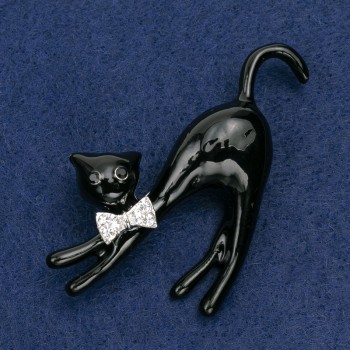 Kitty Brooch, acrylic, black, with white crystals, silver metal 66×41 mm