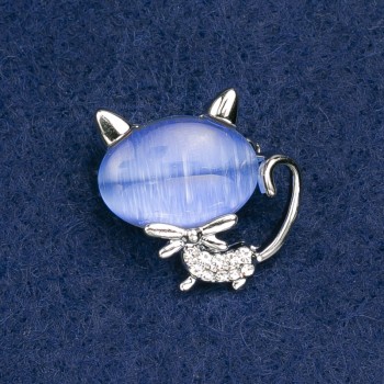 Cat Brooch with Blue Cat's Eye and White Crystals, Silver Metal 24x23mm