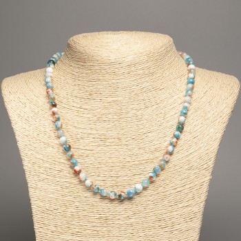 Necklace 'Colors of Summer' White, Ruddy, and Blue Smooth Beads, 6 mm Diameter, about 50 cm long, made of white jade (synthetically dyed)