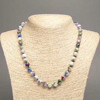 Necklace 'Colors of Summer' with white, blue, pink, and green smooth beads, 8 mm in diameter, approximately 50 cm long, made of white nephrite (synthetically dyed)