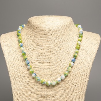 Necklace 'Colors of Summer' with white-blue-green smooth beads, 8 mm in diameter, 50 cm long, made of white jade (synthetic-dyed).