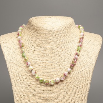 Necklace 'Colors of Summer' with white, pink, and green smooth beads, 8 mm diameter, 50 cm length, made of white jade (synthetic dyed)