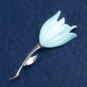 Flower Brooch, blue enamel, silver metal 27x72 mm