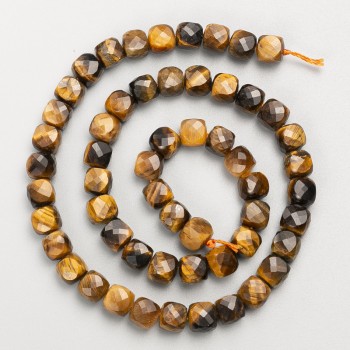 Tiger's Eye beads, natural stone faceted cubes on a thread, diameter 7 mm (+/-), length 39 cm (+/-)