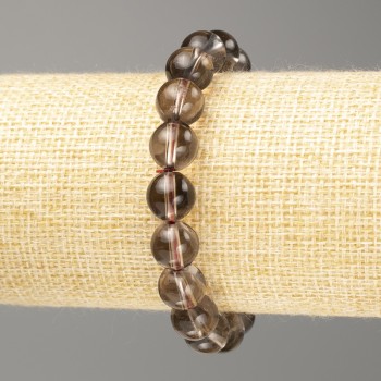 Bracelet with smoky quartz natural stone, smooth beads, 10 mm diameter, 18 cm length (stretch)