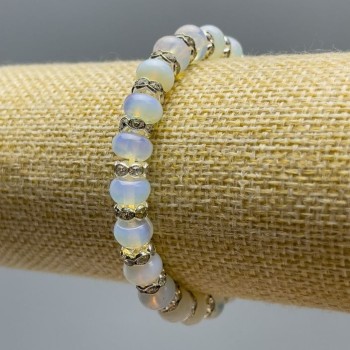 Synthetic Moonstone Bracelet, Smooth Rondelle Beads, 8x5 mm, 18 cm (Stretch), with White Rhinestones