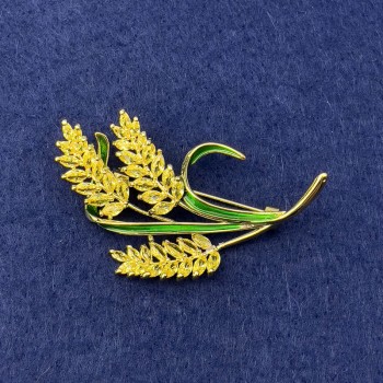 Brooch 'Wheat Ears' with yellow crystals, green enamel, gold-tone metal, diameter 56x35 mm+