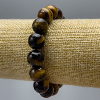 Tiger's Eye Bracelet with Natural Stone, Smooth Beads, 12 mm Diameter ±, 18 cm Length (Stretch)