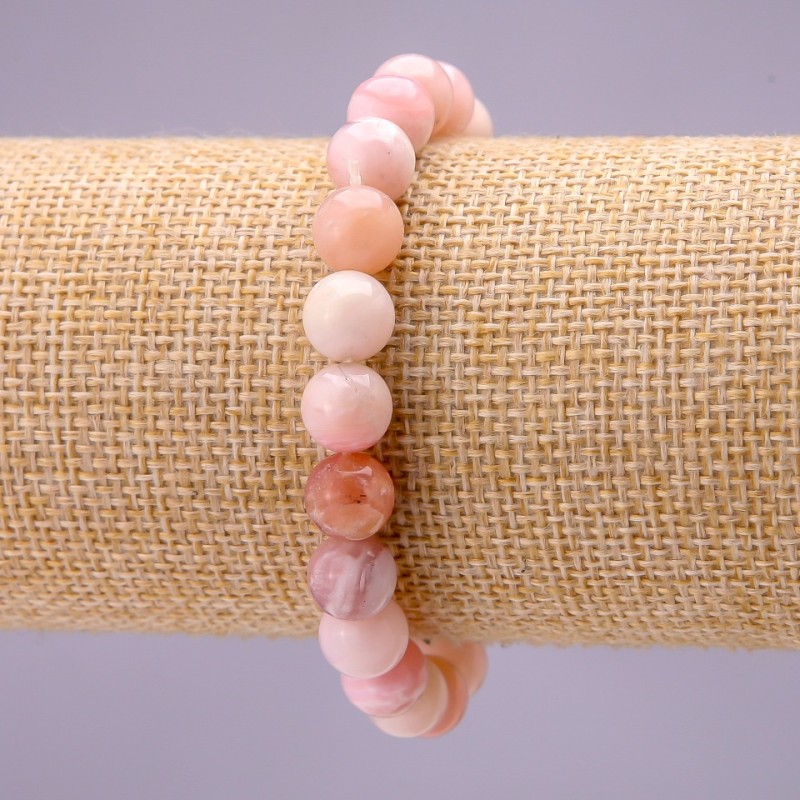 Natural Stone Pink Opal Bracelet with Smooth Beads, 8 mm Diameter, on Elastic, 18 cm Long