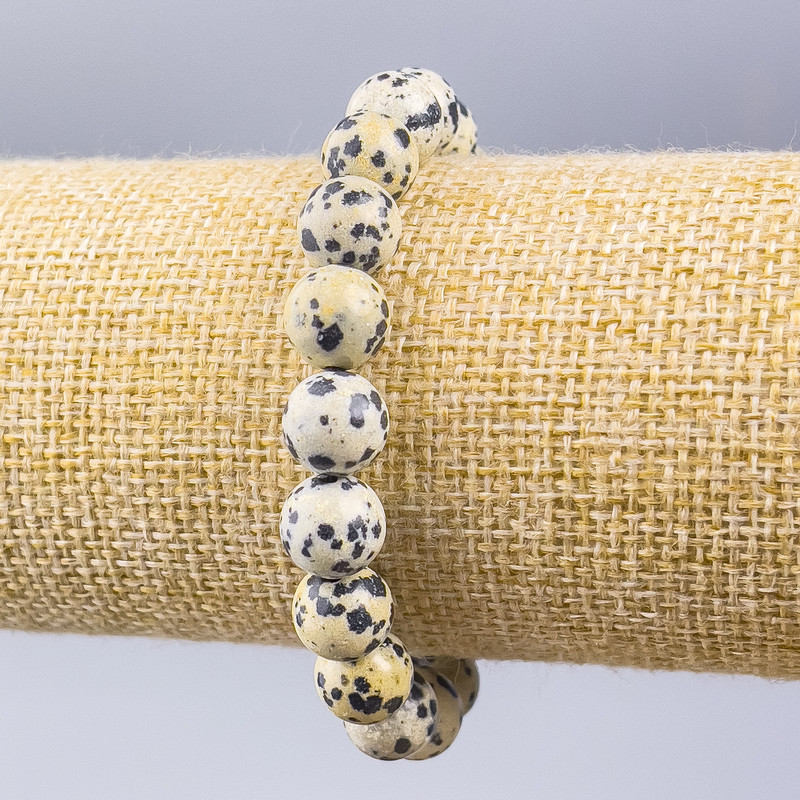 Bracelet 'Dalmatian Jasper' (synthetic acrylic) smooth bead, diameter 10mm, length 18cm (stretch)