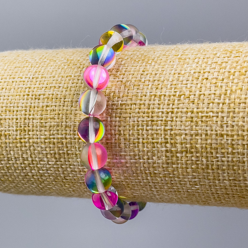 Bracelet with opal glass in assorted colors, smooth beads, 8 mm diameter, 18 cm length (stretch)