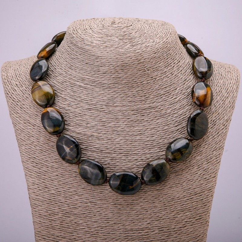 Hawk's Eye Natural Stone Necklace, Oval 25×18 mm, Length 45 cm +