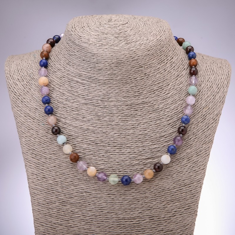 Assorted natural stone necklace with smooth beads, 8 mm diameter, 48 cm length