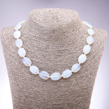 Necklace of Moonstone Opalite (synthetic) Flat Oval Beads, 13×18 mm, length 45 cm