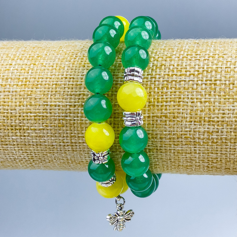 Bracelet 'Ukraine' Pair Nephrite & Citrine (Acrylic), 10mm beads on elastic, 18 cm length