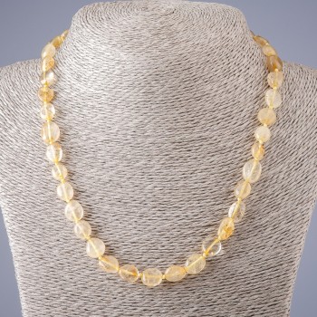 Natural Stone Rutilated Quartz Necklace - Golden 'Hairy' Coin Beads, 47 cm length, 5-10 mm diameter