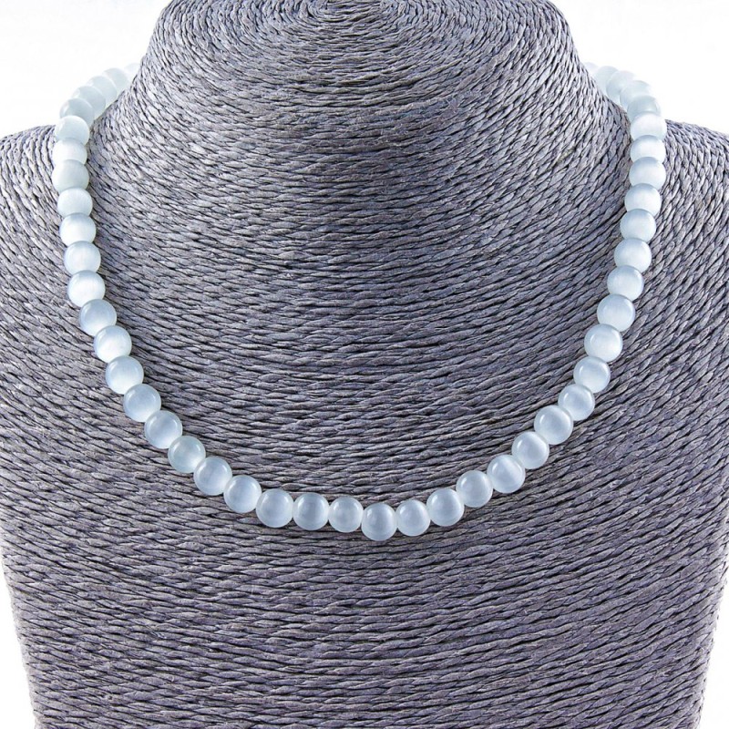 Cat's Eye Bead Necklace 8mm Gray, 40 cm