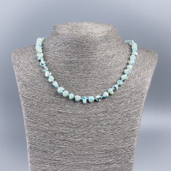Azure-tinted natural mother-of-pearl necklace with round faceted beads, 8mm ±, length 48cm