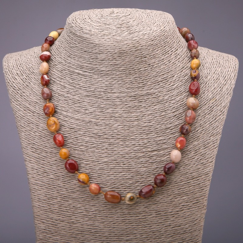 Bead Necklace of Natural Mookaite Jasper, Tumbled, 8–10 mm Diameter, 48 cm Length