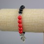 Black Agate Bracelet, diameter 8 mm ±, Coral smooth bead, diameter 8.5 mm ± with silver inserts, length 18 cm ± (stretch)