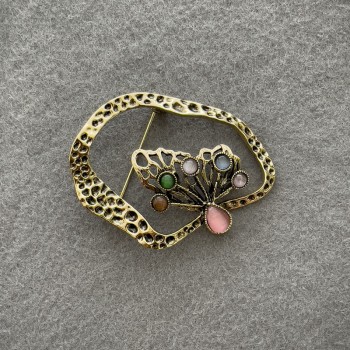 Butterfly Brooch with Multicolor Cat's Eye in Golden Metal 55×43mm+