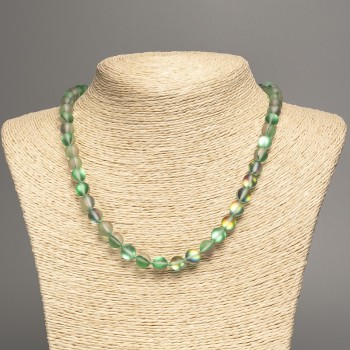 Opal glass necklace in green matte chameleon shade, smooth beads, 8 mm diameter, 49 cm length
