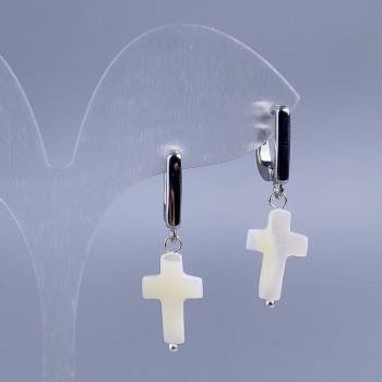 White mother-of-pearl cross earrings, diameter 10x15 mm, length 34 mm+