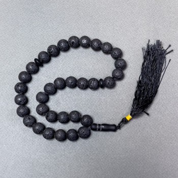 Lava Bead Mala with Natural Stone, Smooth Beads, 12 mm Diameter, 33 Beads, with Shungite Inlays