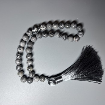 Prayer beads Gray Ocean Jasper (synthetic acrylic) smooth beads, 8 mm diameter, 33 beads, with metal inserts