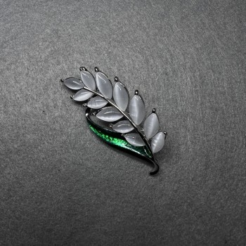 Brooch Sprig with White Cat's Eye, Green Enamel, Gold-Tone Metal 22x47mm